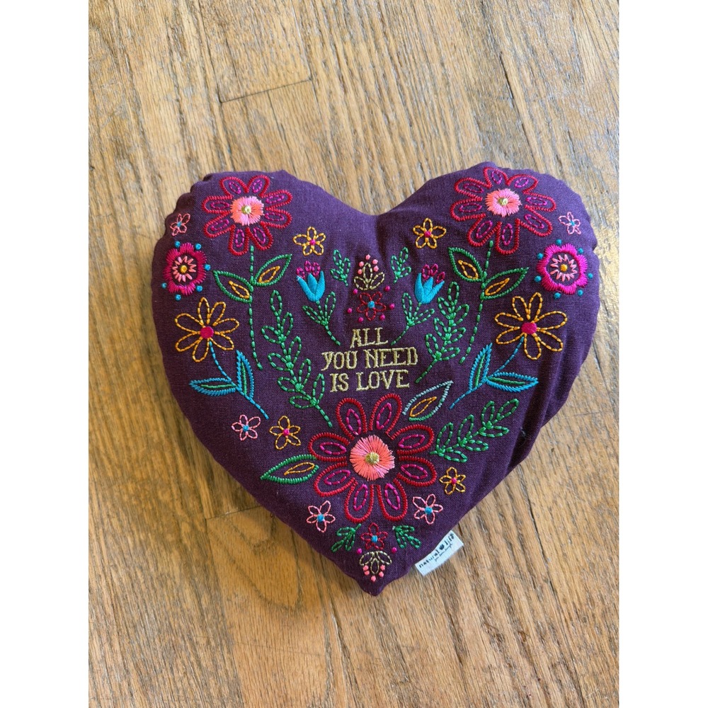 Natural Life All You Need Is Love Heart Weighted Embroidered Floral Pillow